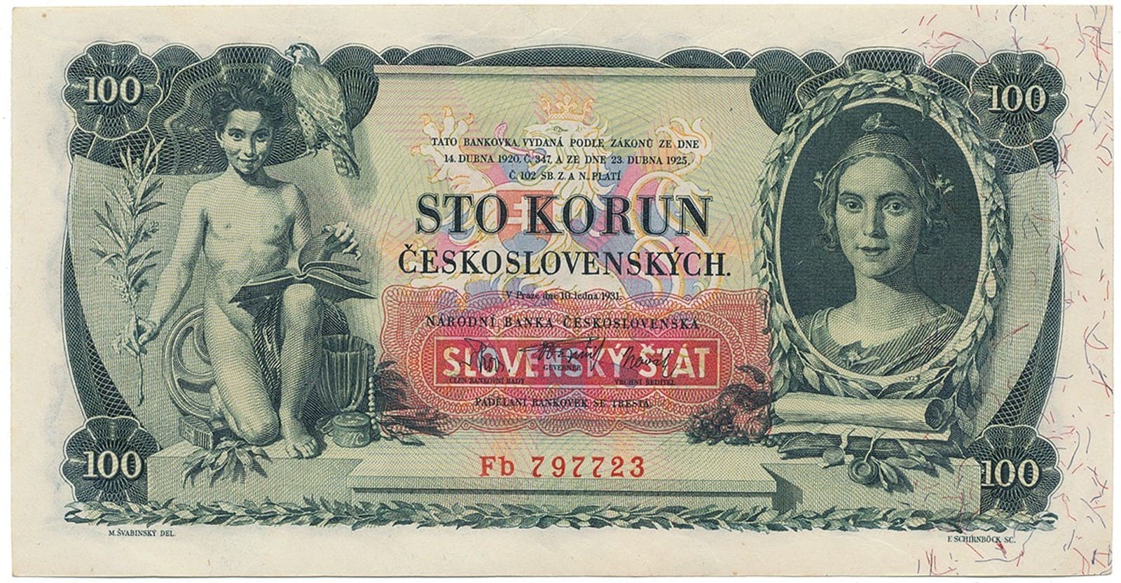 100 Koruna 1931/1939, přetisk SLOVENSKÝ ŠTÁT — avers a revers