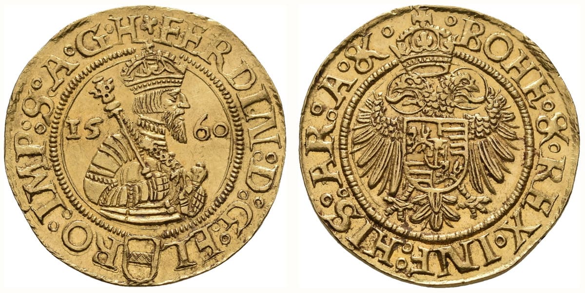 2 Dukát 1560, Ferdinand I., Jáchymov-Puellacher — avers a revers