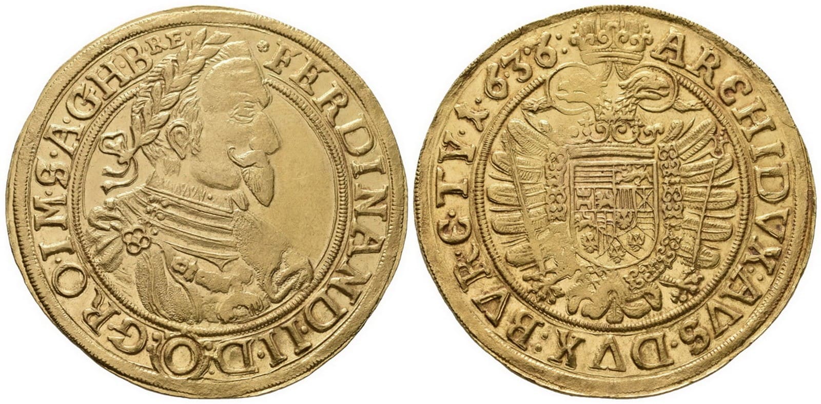 10 Dukát 1636, Ferdinand II., Olomouc-Huber — avers a revers