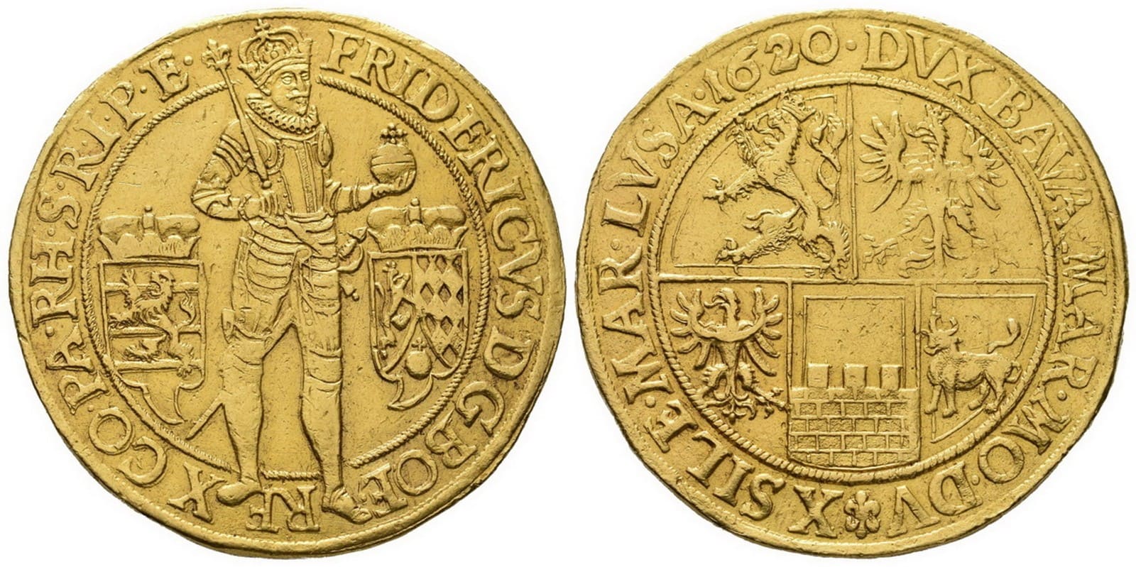 10 Dukát 1620, Fridrich Falcký, Praha-Škréta — avers a revers
