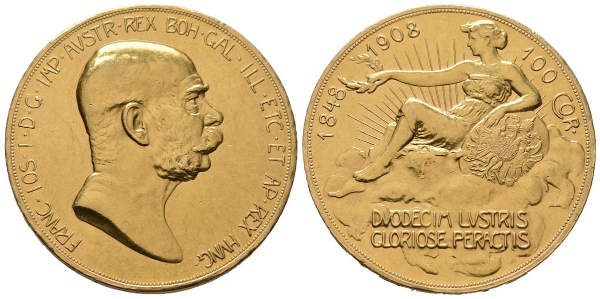 100 Koruna 1908, jubilejní — avers a revers