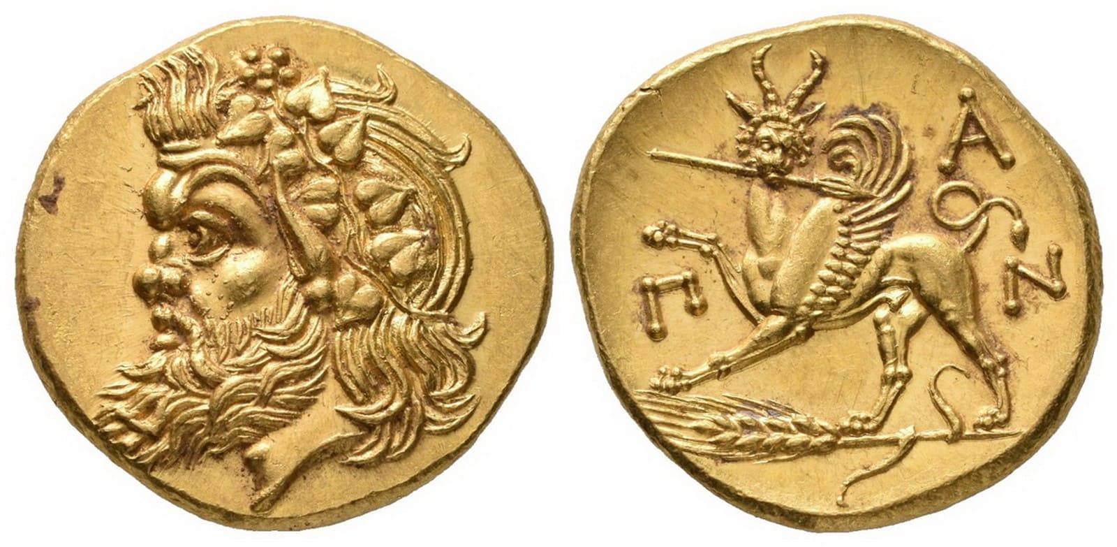 Statér Pantikapaion, cca 325–310 př. Kr. — avers a revers