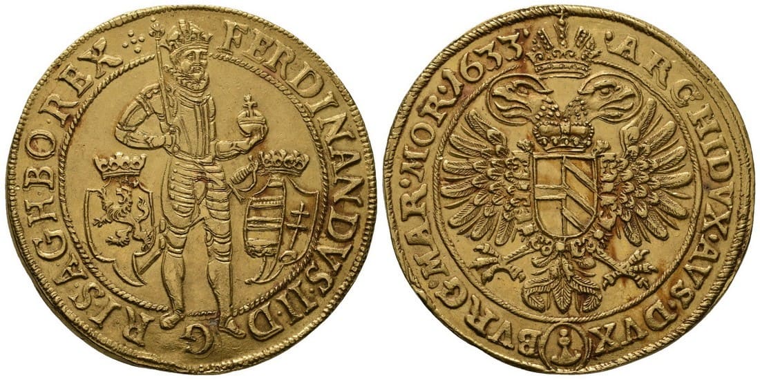 10 Dukát 1633, Praha-Schuster — avers a revers