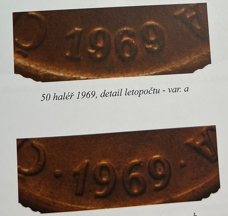 Detaily letopočtu obou variant padesátihaléře 1969: var. a s tečkami, var. b bez teček